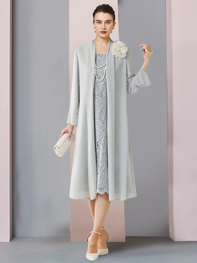 Luolandi Two Piece Sheath / Column Mother of the Bride Dress Formal Wedding Guest Vintage Elegant Scoop Neck Tea Length Chiffon Lace 3/4 Length Sleeve Jacket Dresses